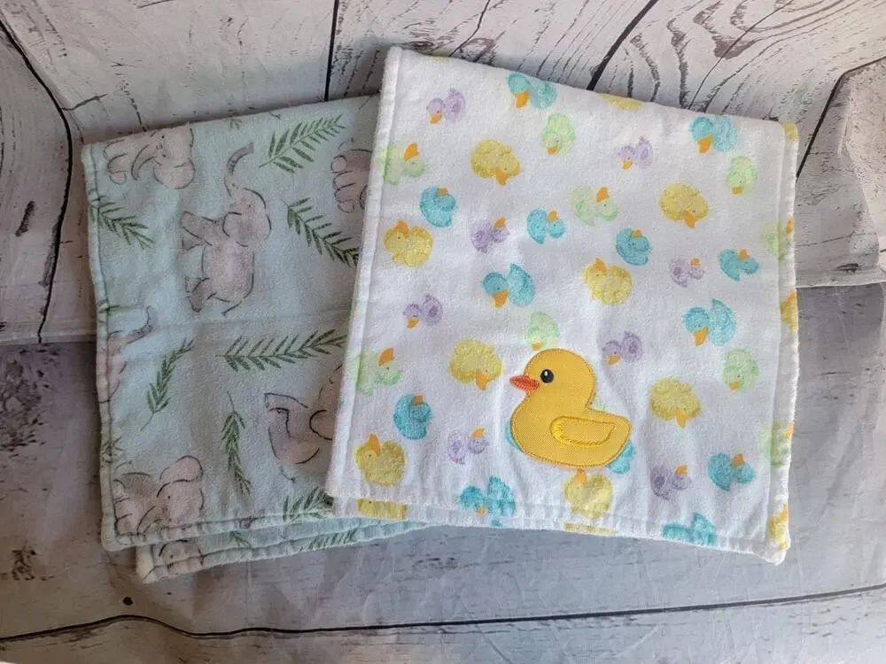 2 Handmade Burp Cloths Duckies And Elephant Flannel Material 17in Long